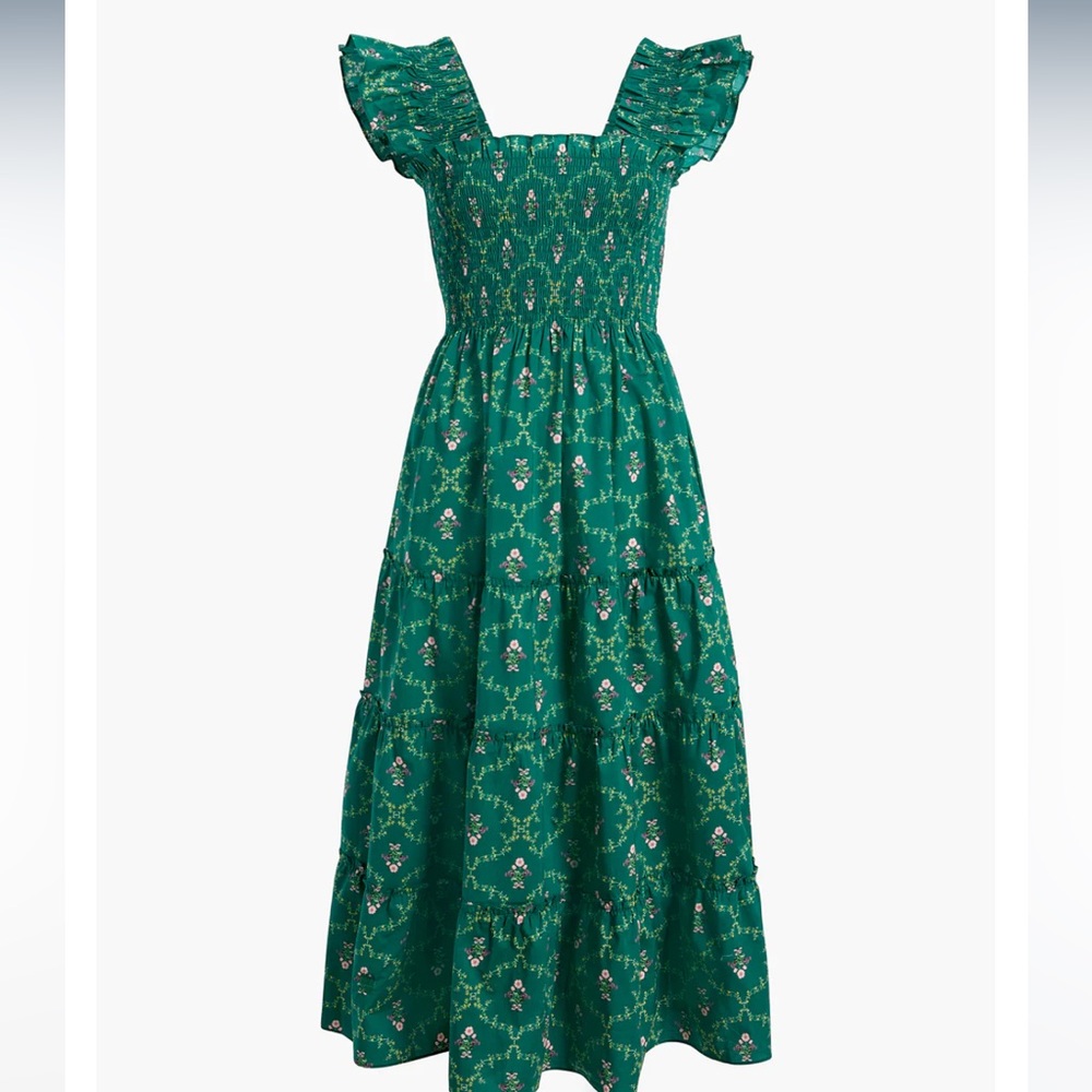 Hill House Green Floral Midi Dress with Ruffle Sleeves